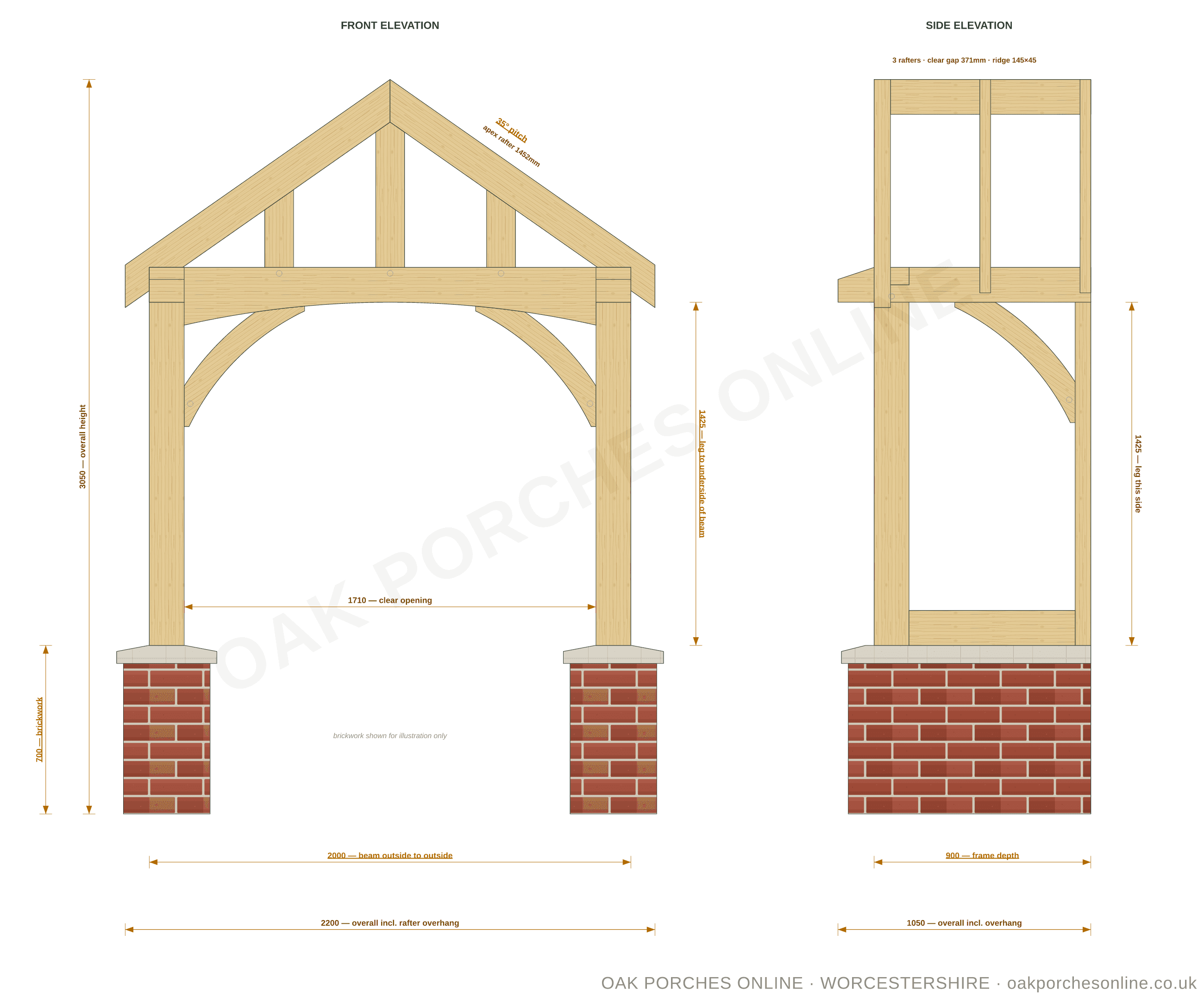 Scale drawing of a Malvern oak porch at 2000 by 900, front and side elevation, with every dimension marked