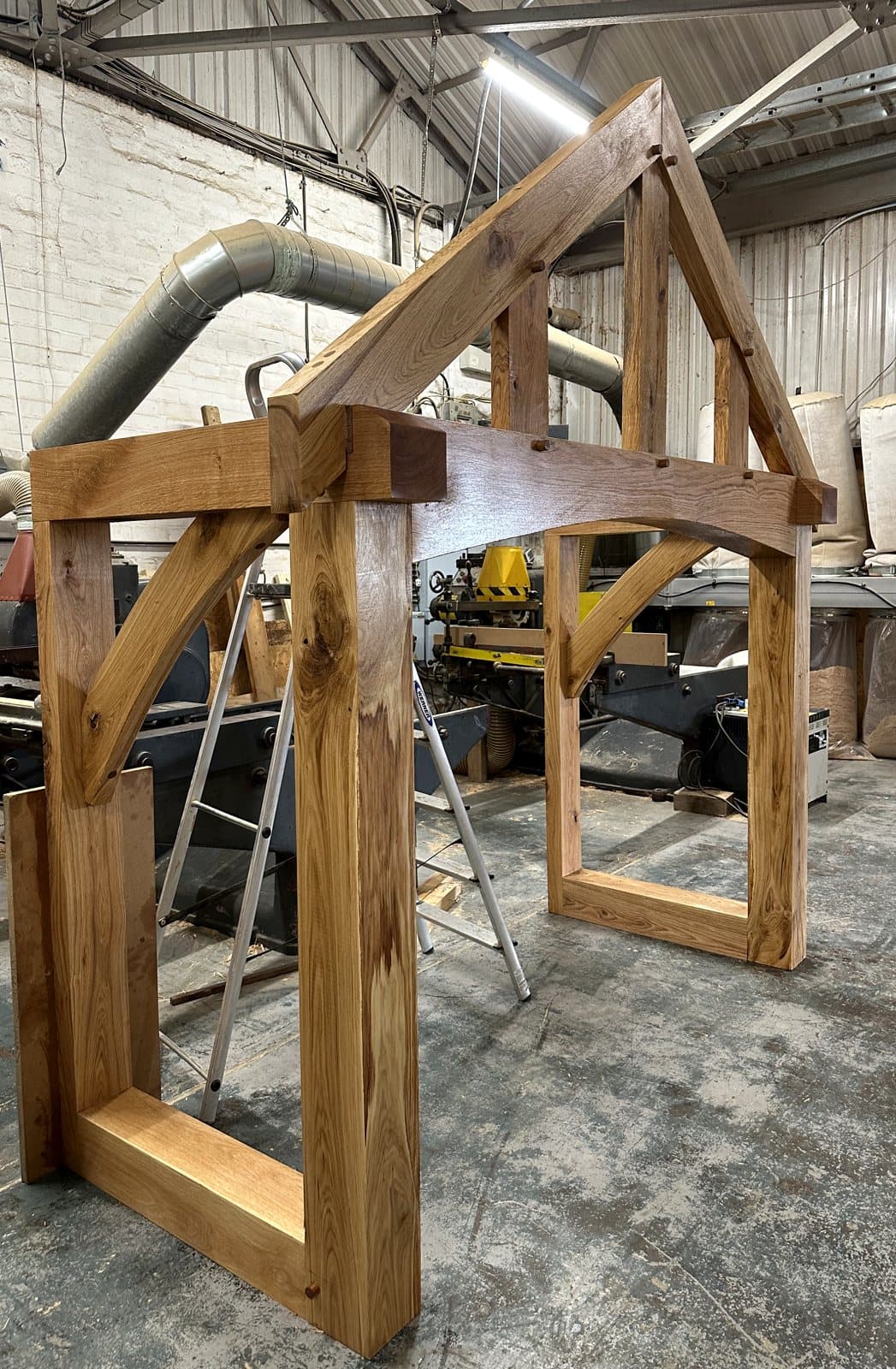Malvern porch frame standing complete in the workshop before dispatch