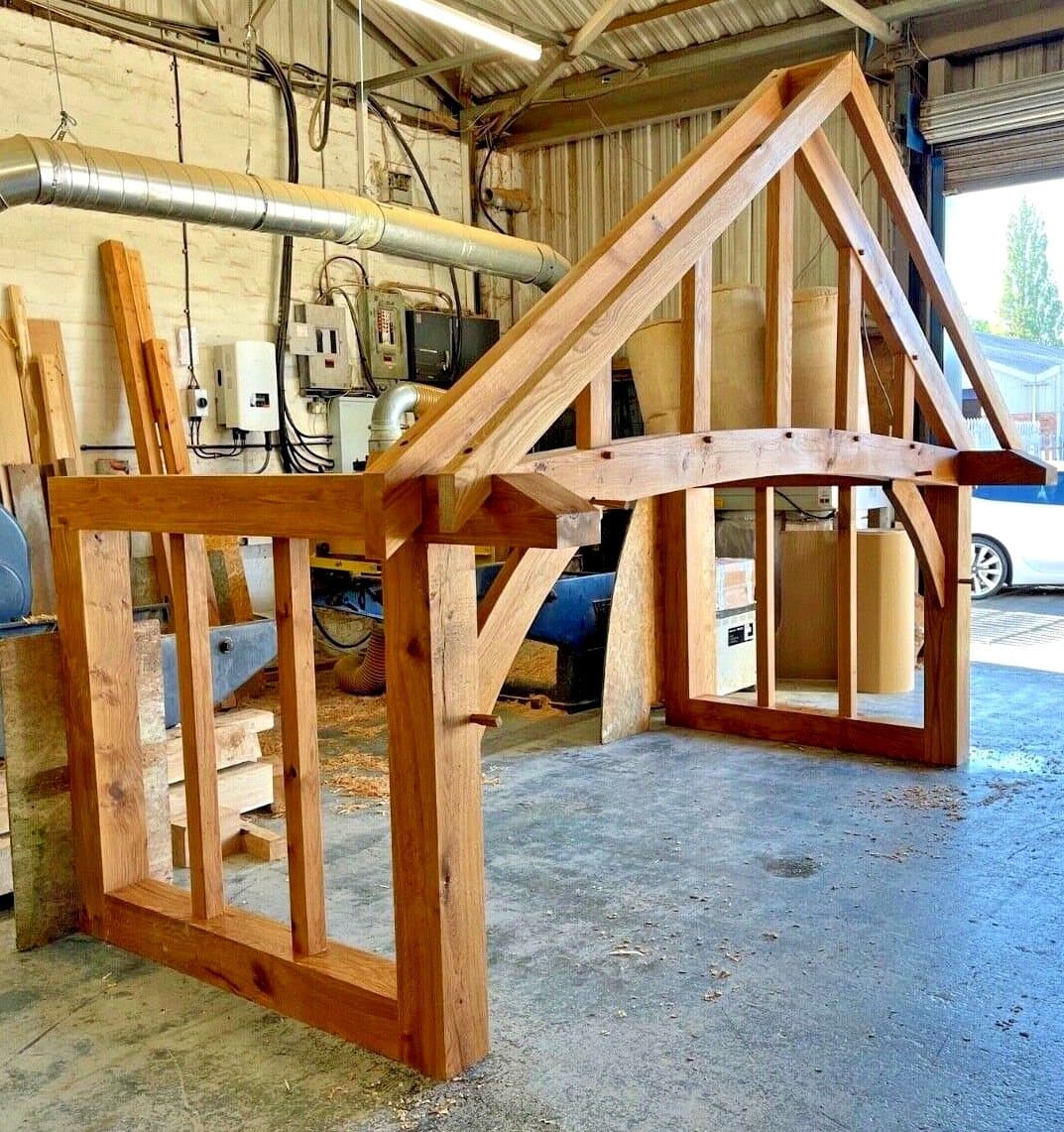 The Stroud frame from the side in the workshop, pegs fitted and joints drawn tight