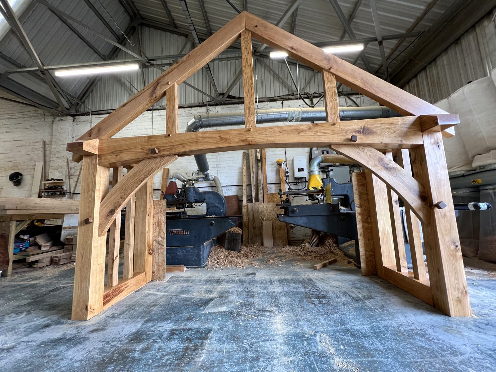 A Ludlow frame dry-fitted in our Worcestershire workshop, curved beam and braces test-assembled